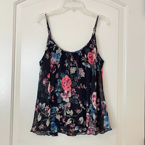 Express Tank Top Blouse Small Spaghetti Strap Black Floral Rose Flowy Swing - Picture 1 of 4